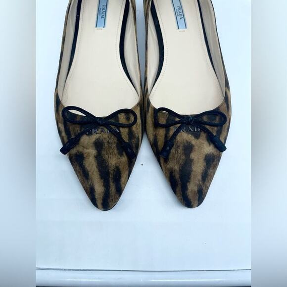 Prada Black Brown Leopard print calf hair Pointed toe ballet flats EU 39.5 - Picture 3 of 11